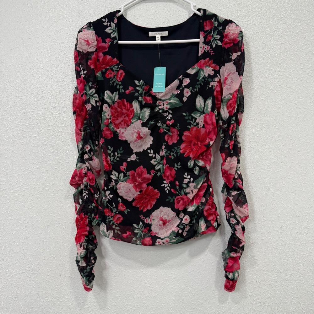 Maurices Womens Floral Mesh Ruched Long Sleeve Top Black Red Pink Rose Size M